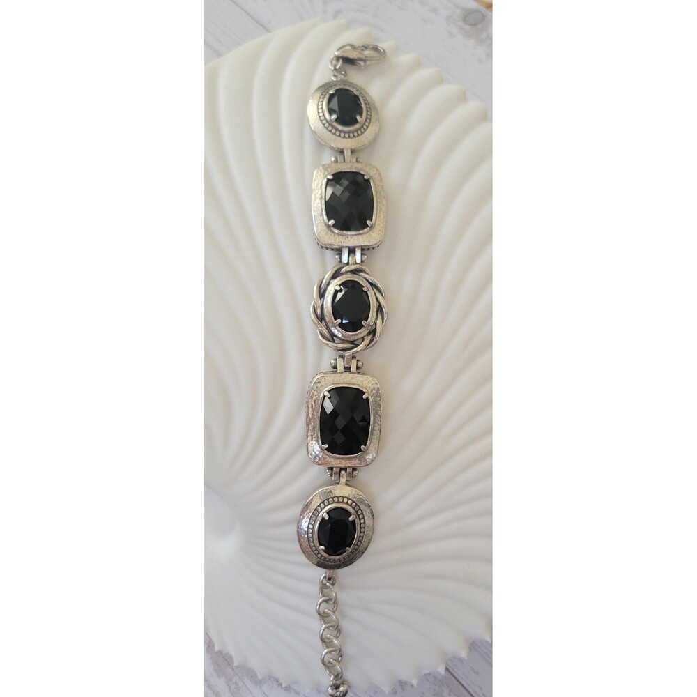 Brighton Silver Plated Black Glass Panel Link Bracelet, Adjustable Cuff